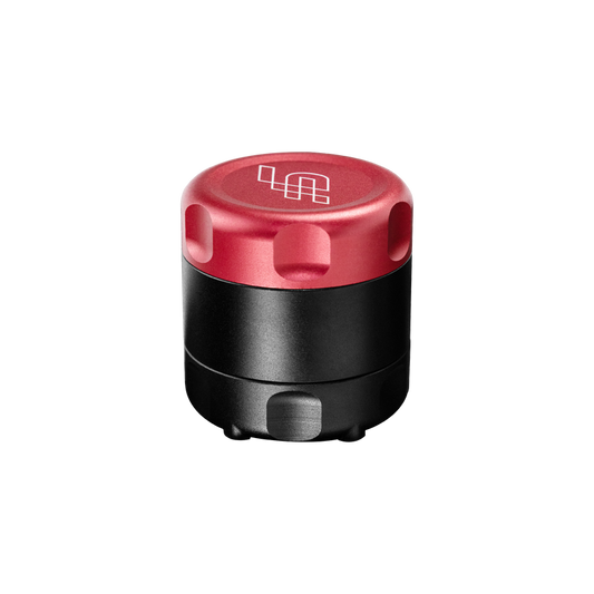 Black and red cylindrical object with a logo on a white background