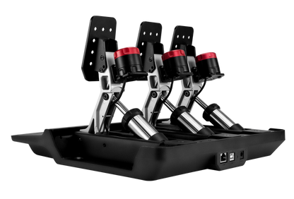 Gaming steering wheel controller with four pedals on a white background