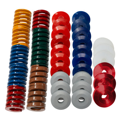 A set of various colored rubber and spring kits for the Simagic P1000 pedal set, including combinations of springs, washers, and rubber pads.