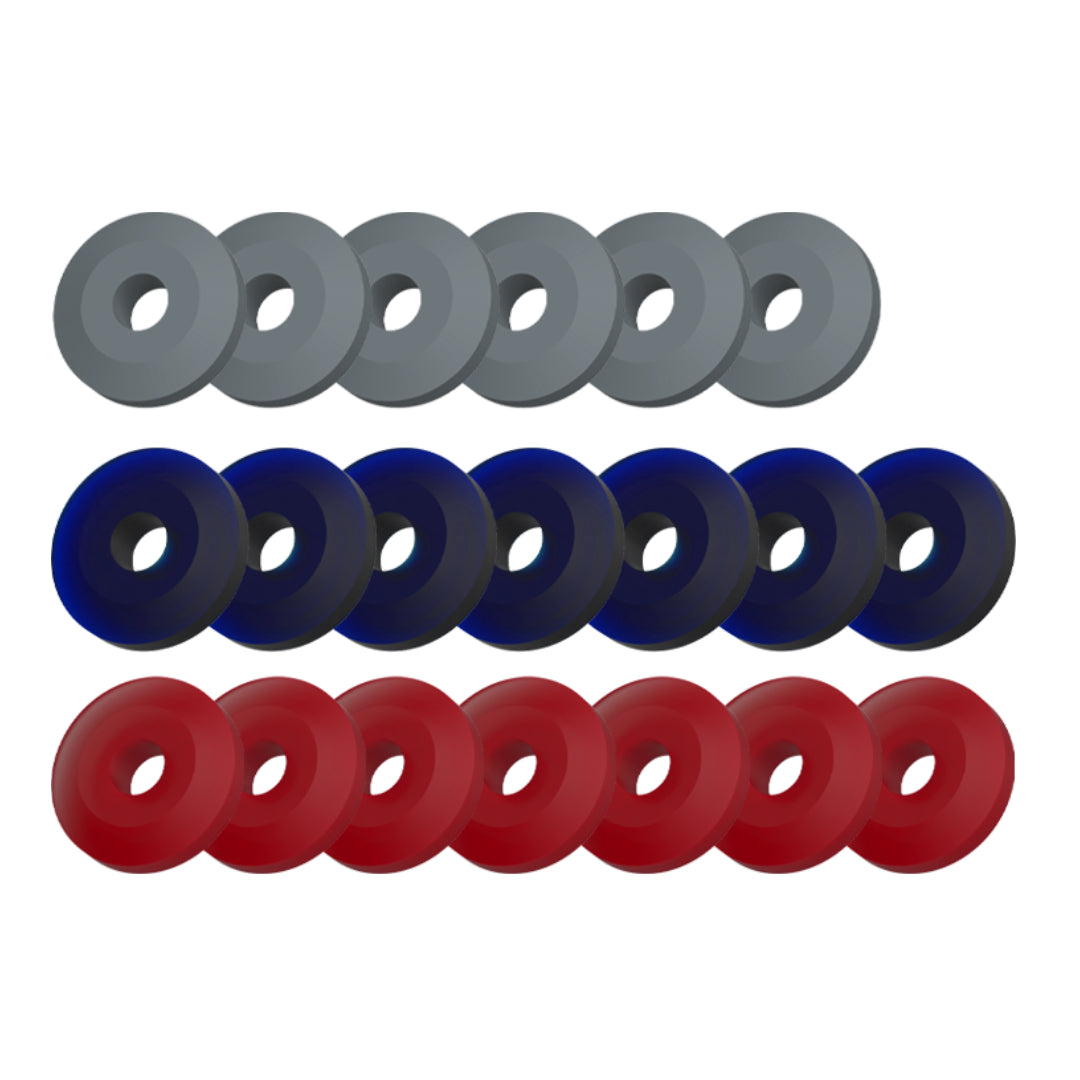 A set of various colored rubber and spring kits for the Simagic P1000 pedal set, including combinations of springs, washers, and rubber pads.