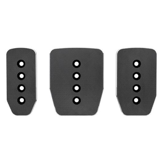 Three black flat pedal plates with multiple holes for mounting, designed for use with Simagic P1000 pedal sets.
