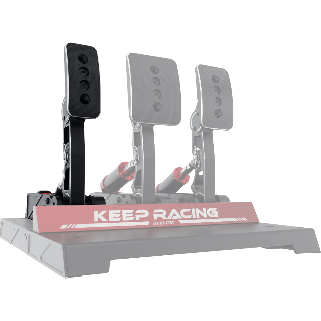 A Simagic P1000 Pedal Set for sim racing, featuring a black and red color scheme with a footrest and pedal assembly mounted on a flat base with the text 'KEEP RACING'.