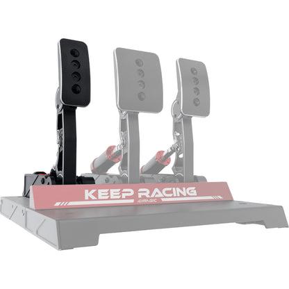 A Simagic P1000 Pedal Set for sim racing, featuring a black and red color scheme with a footrest and pedal assembly mounted on a flat base with the text 'KEEP RACING'.