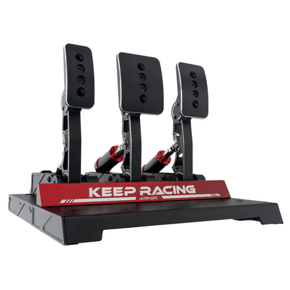 A Simagic P1000 Pedal Set for sim racing, featuring a black and red color scheme with a footrest and pedal assembly mounted on a flat base with the text 'KEEP RACING'.