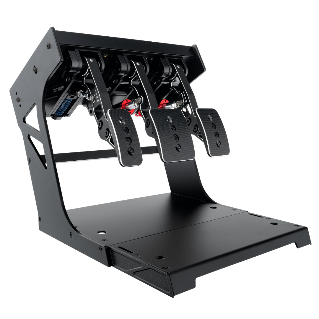 A Simagic P1000 Pedal Set for sim racing, featuring a black and red color scheme with a footrest and pedal assembly mounted on a flat base with the text 'KEEP RACING'.