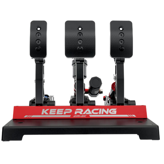 Simagic P1000 RS Hydraulic 3 Pedal Set for sim racing, with black pedals mounted on a base plate labeled 'KEEP RACING'.