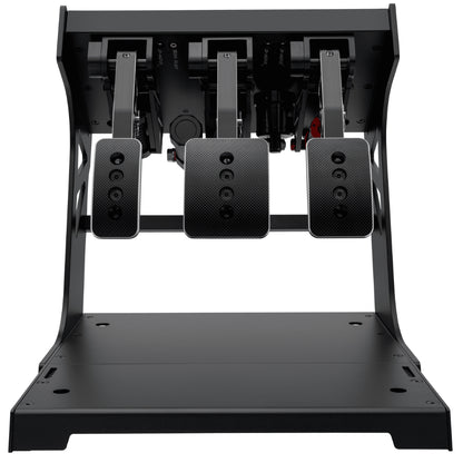 Simagic P1000 RS Hydraulic 3 Pedal Set for racing simulation, featuring black pedals mounted on a base with the text 'KEEP RACING' displayed.