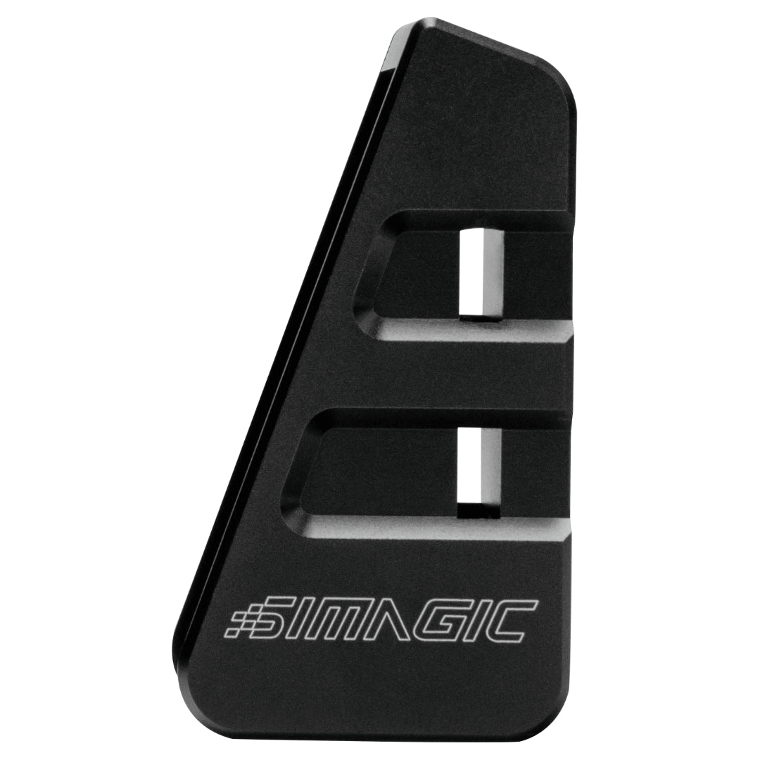 A black bracket designed for the Simagic P2000 Haptic Feedback kit, featuring cut-outs and a branded logo.