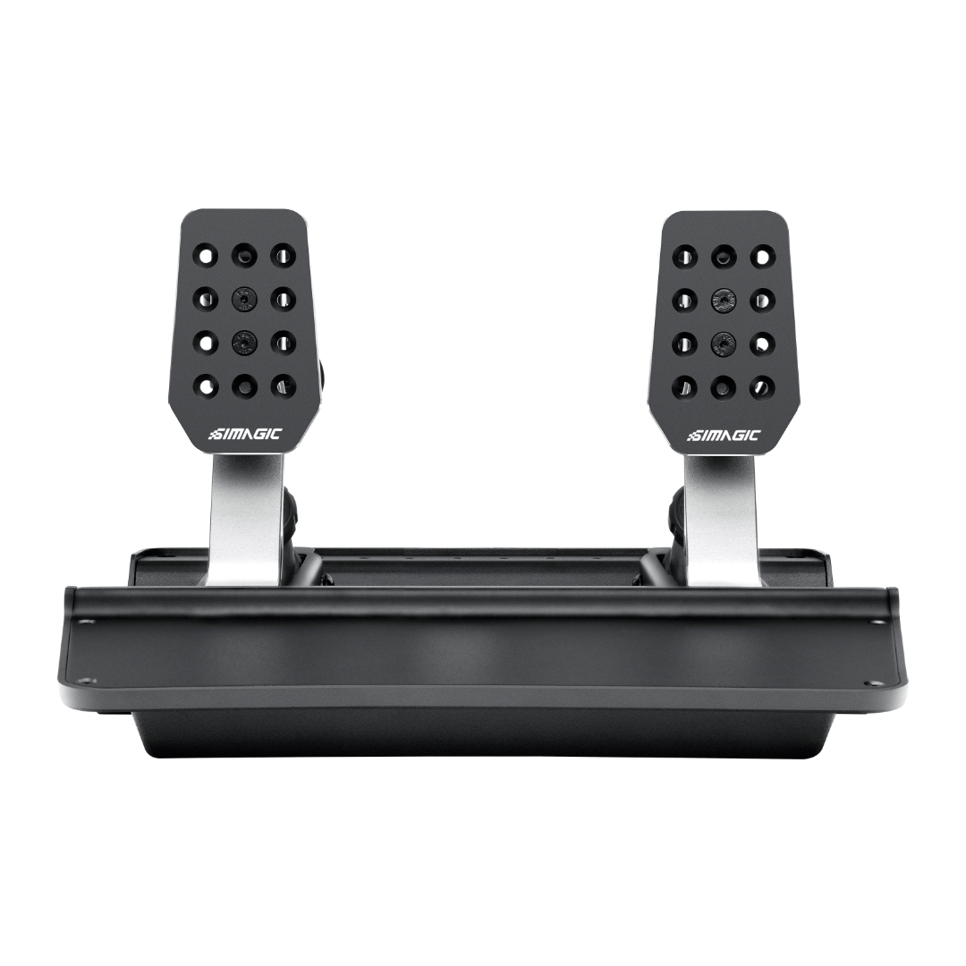 A Simagic P500 3 Pedal Set for sim racing, featuring three black pedals mounted on a single base plate.