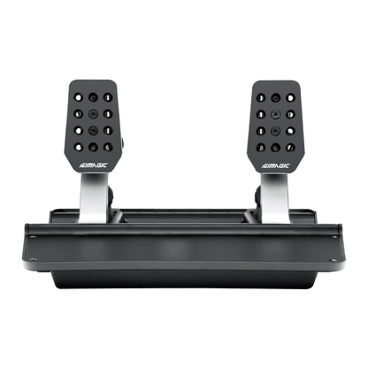 A Simagic P500 3 Pedal Set for sim racing, featuring three black pedals mounted on a single base plate.