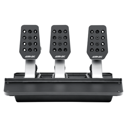 Simagic P500 3 Pedal Set for sim racing, featuring three black pedals mounted on a single base plate with the brand name visible.