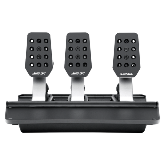 Simagic P500 3 Pedal Set for sim racing, featuring three black pedals mounted on a single base plate with the brand name visible.