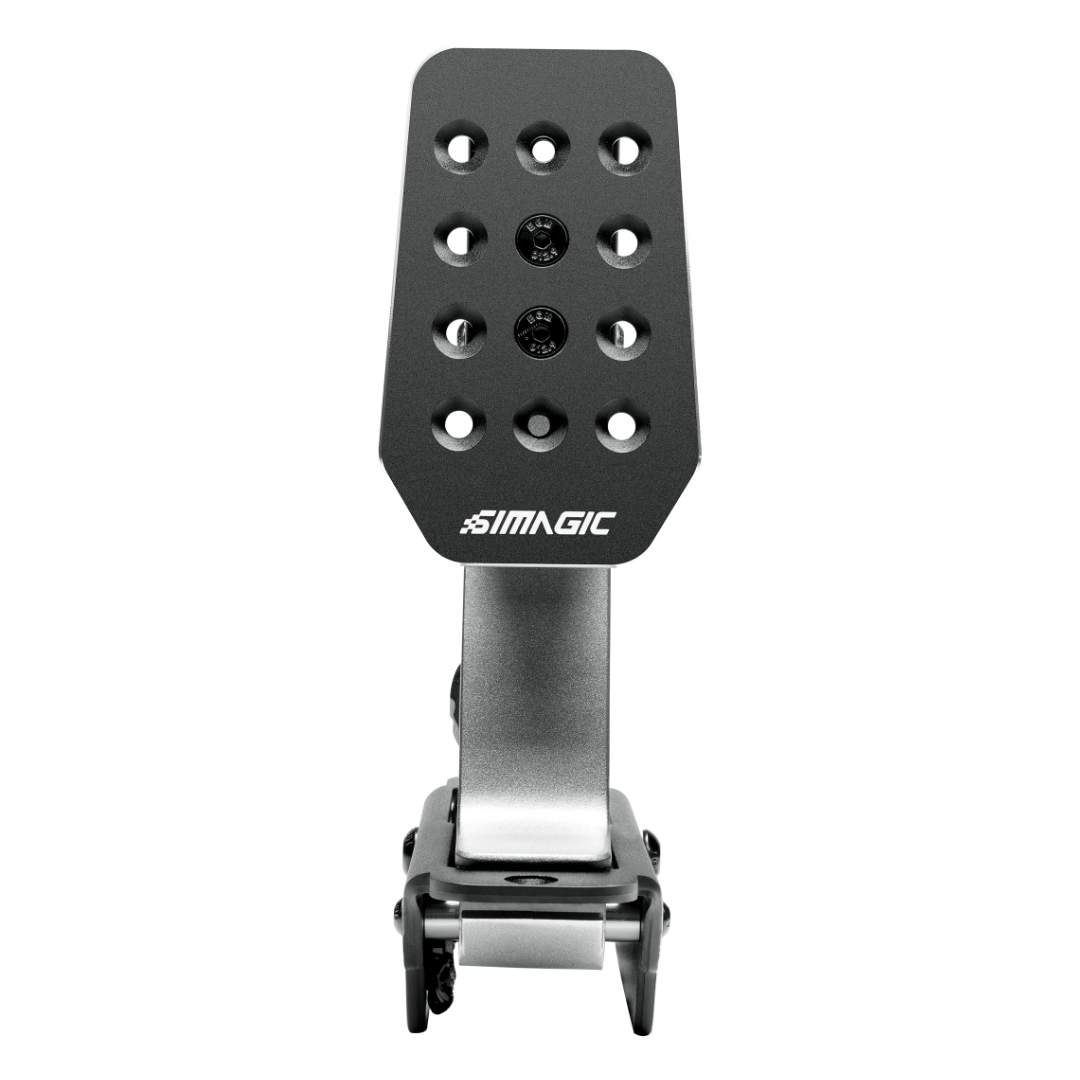 A Simagic P500 3 Pedal Set for sim racing, featuring three black pedals mounted on a single base plate.