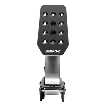 A Simagic P500 3 Pedal Set for sim racing, featuring three black pedals mounted on a single base plate.