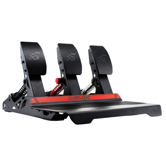 Black and red gaming pedal set on a white background