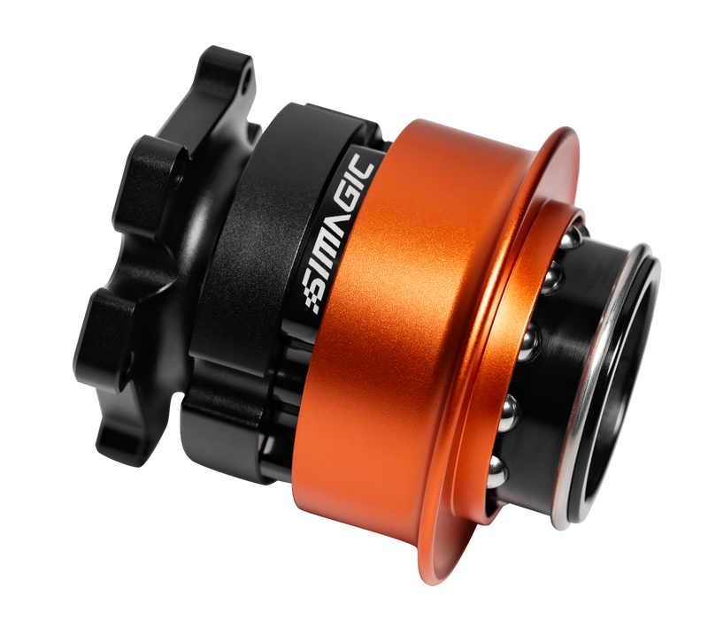 Mechanical component with orange and black design on a white background