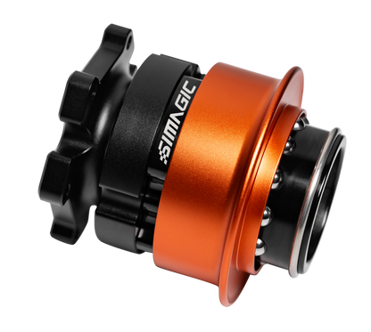 Mechanical component with orange and black design on a white background