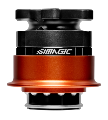 Black and orange mechanical component with 'Simagic' branding on a white background