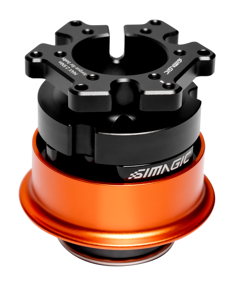 Black and orange mechanical component with 'Simagic' branding on a white background