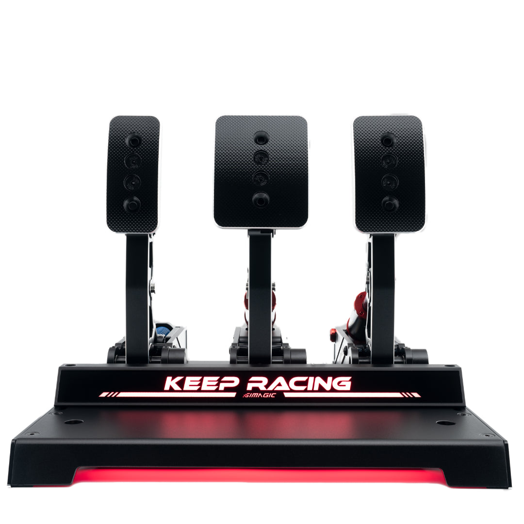 A black Simagic Sim Ray Heel Stop accessory with RGB lighting, designed to be used with the Simagic P1000 Standard pedal set for sim racing.