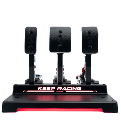 A black Simagic Sim Ray Heel Stop accessory with RGB lighting, designed to be used with the Simagic P1000 Standard pedal set for sim racing.