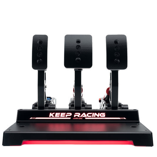 A black Simagic Sim Ray Heel Stop accessory with RGB lighting, designed to be used with the Simagic P1000 Standard pedal set for sim racing.