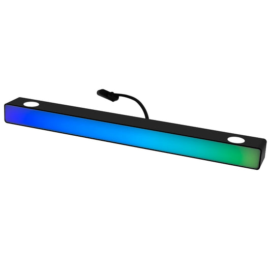 An RGB light bar with blue and green segments, designed to be used with a sim racing pedal set, featuring a black mounting bracket and a connector cable.