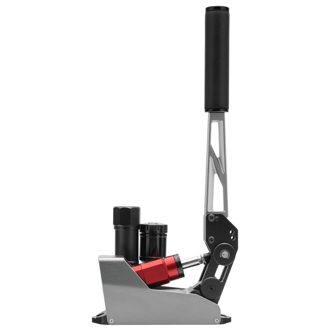 Simagic TB-RS Hydraulic Handbrake for sim racing, featuring a black pedal and lever with red accents on the lever, mounted on a silver base.