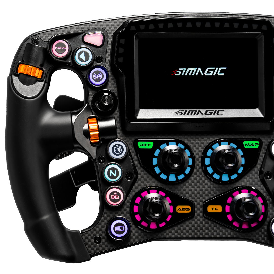 SIMAGIC Zeus Formula Steering Wheel mounted in formula sim racing cockpit
