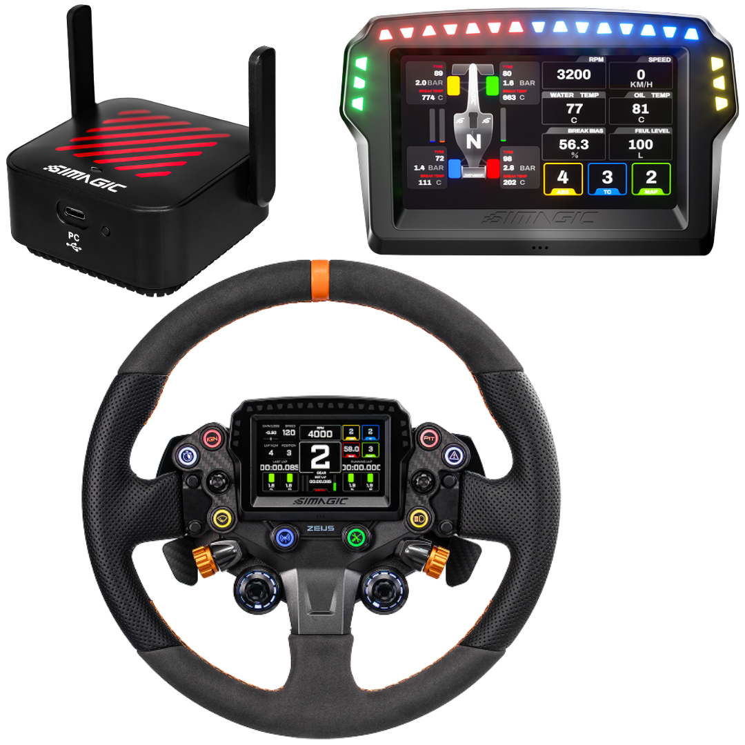 Shinigame racing steering wheel and dashboard display with digital interface on a white background