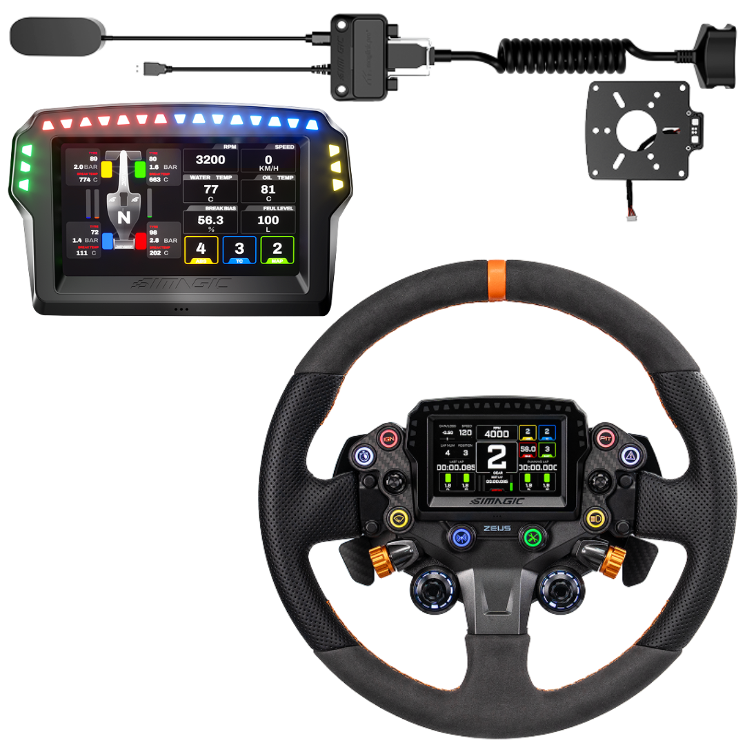Steering wheel with digital display and microphone on a white background