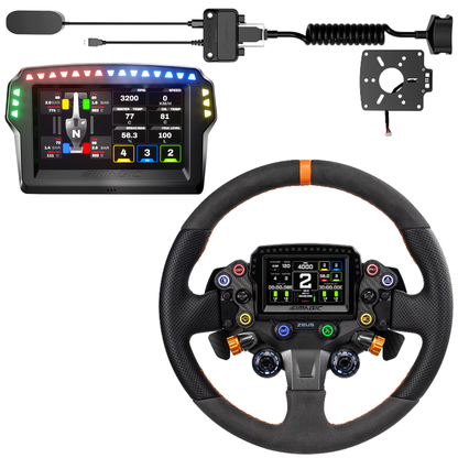 Steering wheel with digital display and microphone on a white background