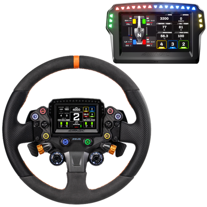 Steering wheel with digital display and additional screen on a white background