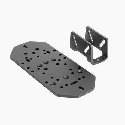 Metal mounting plate with holes and a bracket on a white background