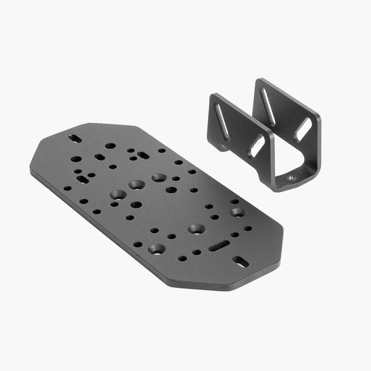 Metal mounting plate with holes and a bracket on a white background