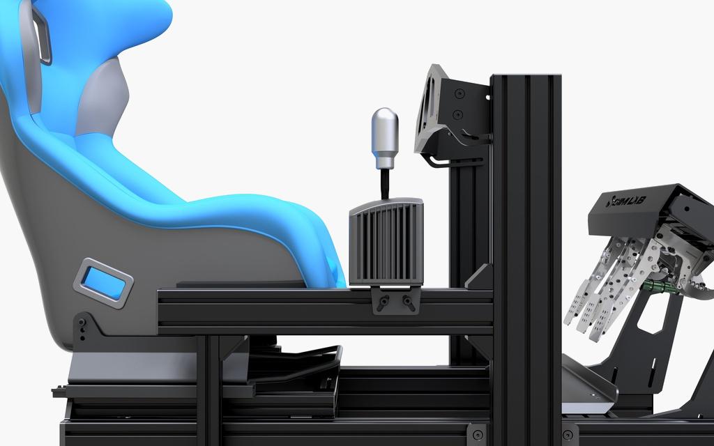 Simulator chair with steering wheel and pedals on a white background