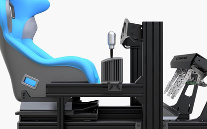 Simulator chair with steering wheel and pedals on a white background