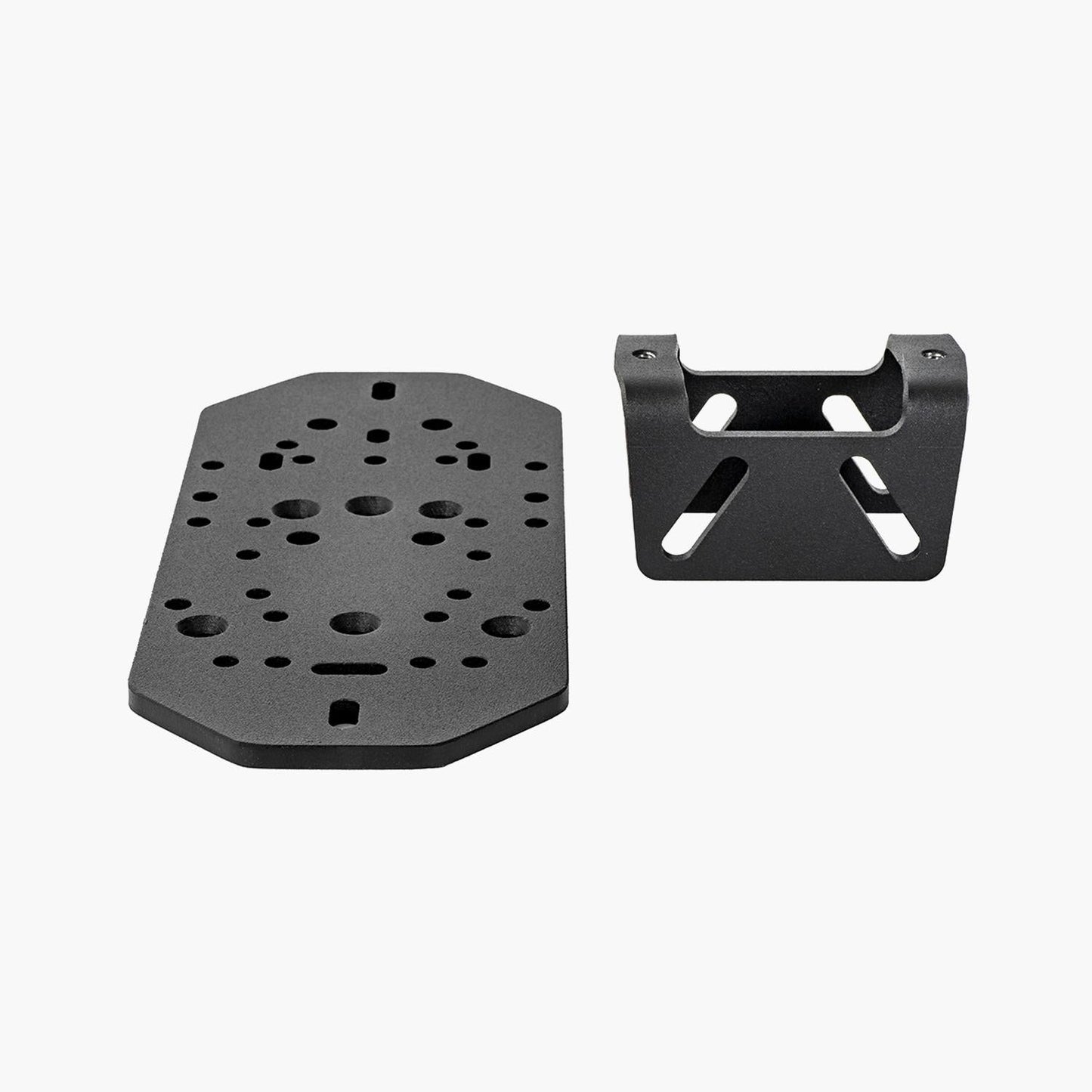 Two black metal brackets on a white background