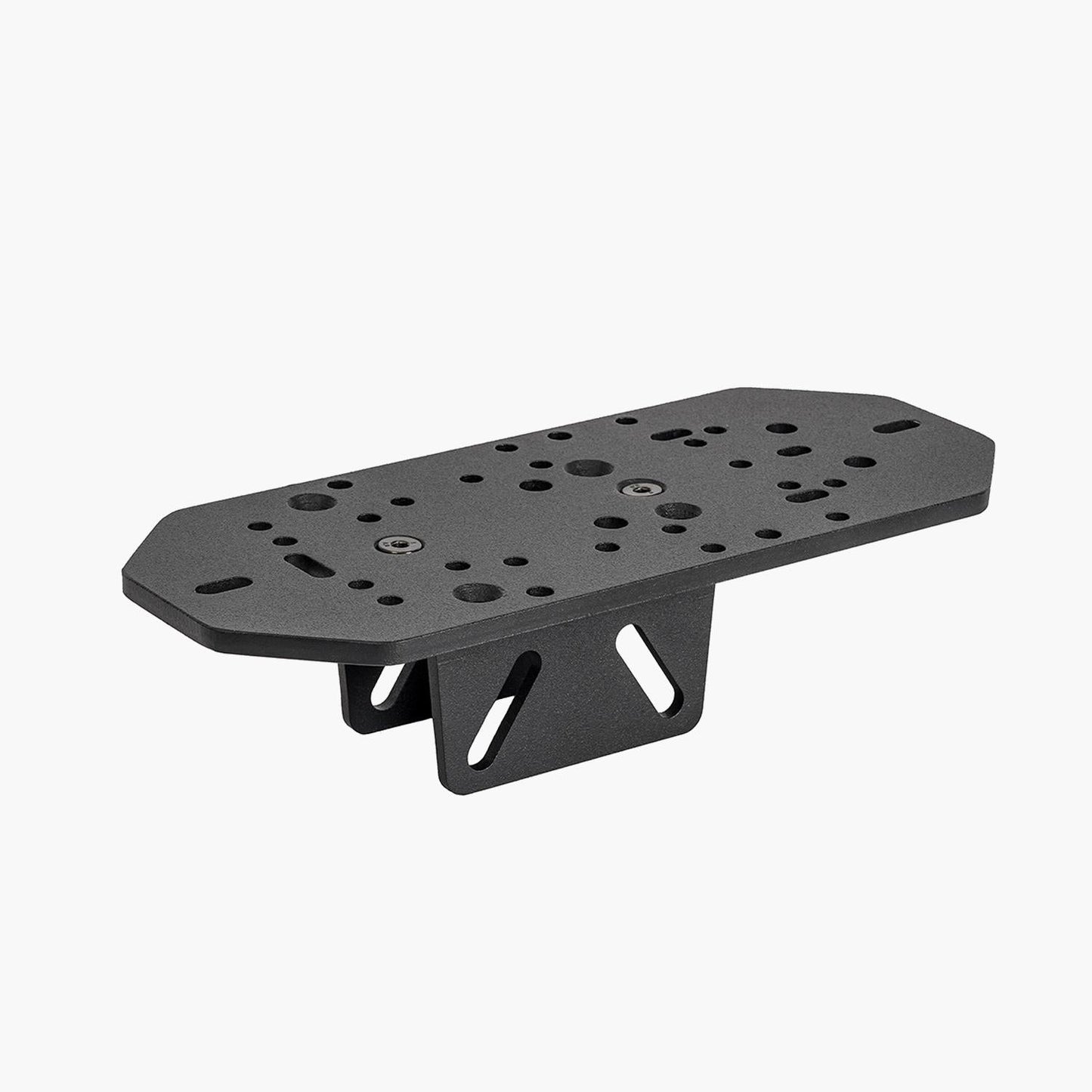 Black metal bracket with multiple holes on a white background