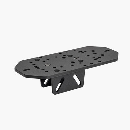 Black metal bracket with multiple holes on a white background