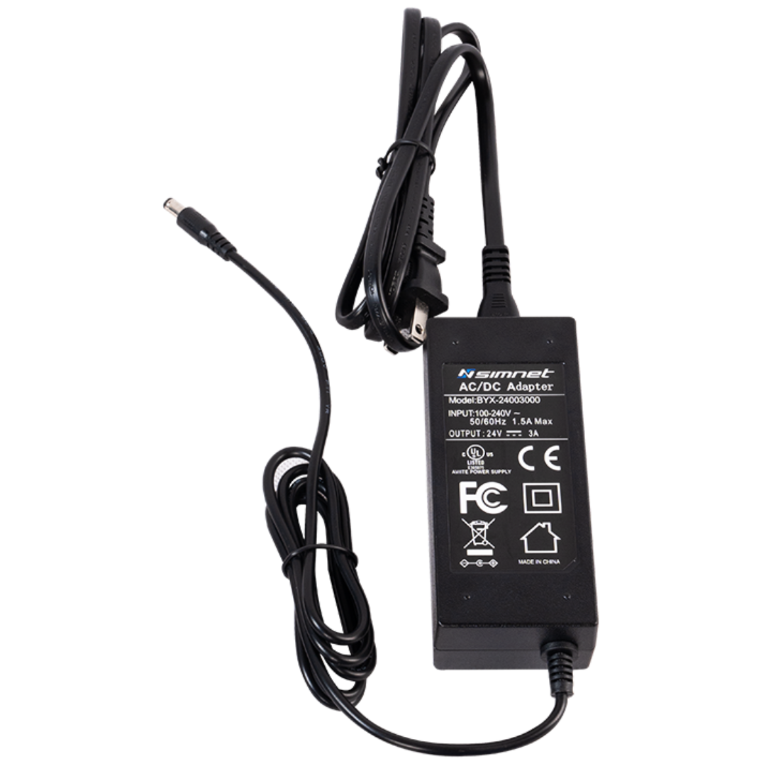 A black power supply unit for SimNet haptic feedback systems with attached power cord and certification markings.