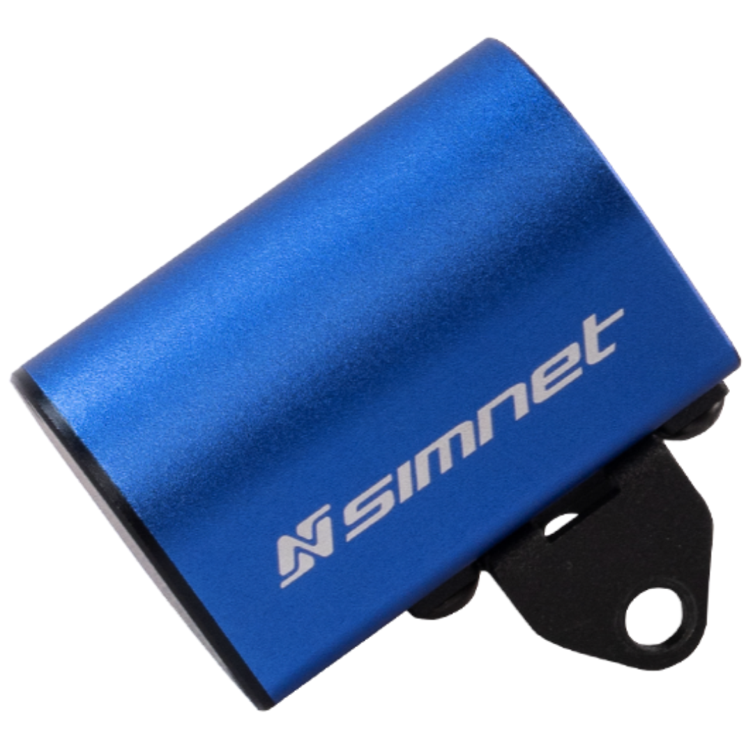 Blue SimNet haptic rumble motor with a black mounting bracket, designed to generate vibrations for a racing simulation experience.