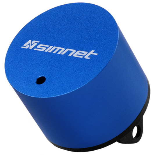 A blue cylindrical SimNet pedal tactile transducer with a mount bracket.