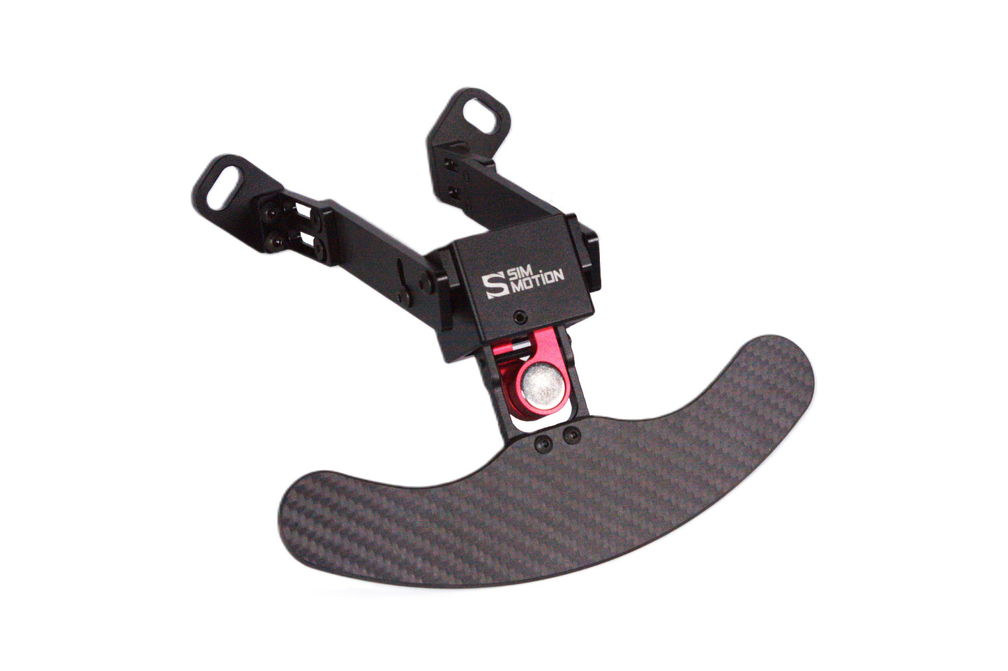 A black and red Sim-Motion rally sequential shifter for sim racing, showing the shifter handle and mounting brackets.