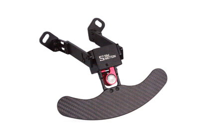 A black and red Sim-Motion rally sequential shifter for sim racing, showing the shifter handle and mounting brackets.