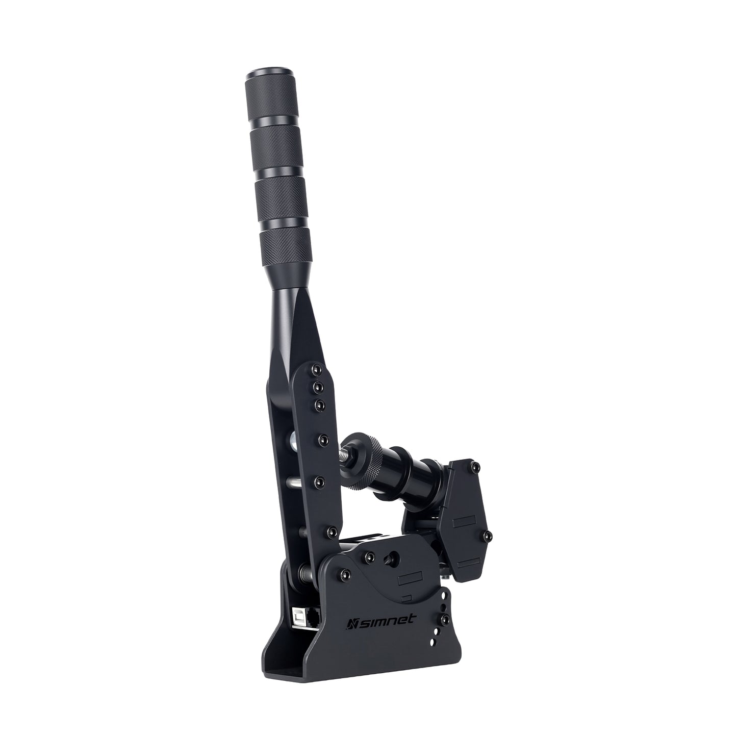 Black mechanical device with a handle on a white background