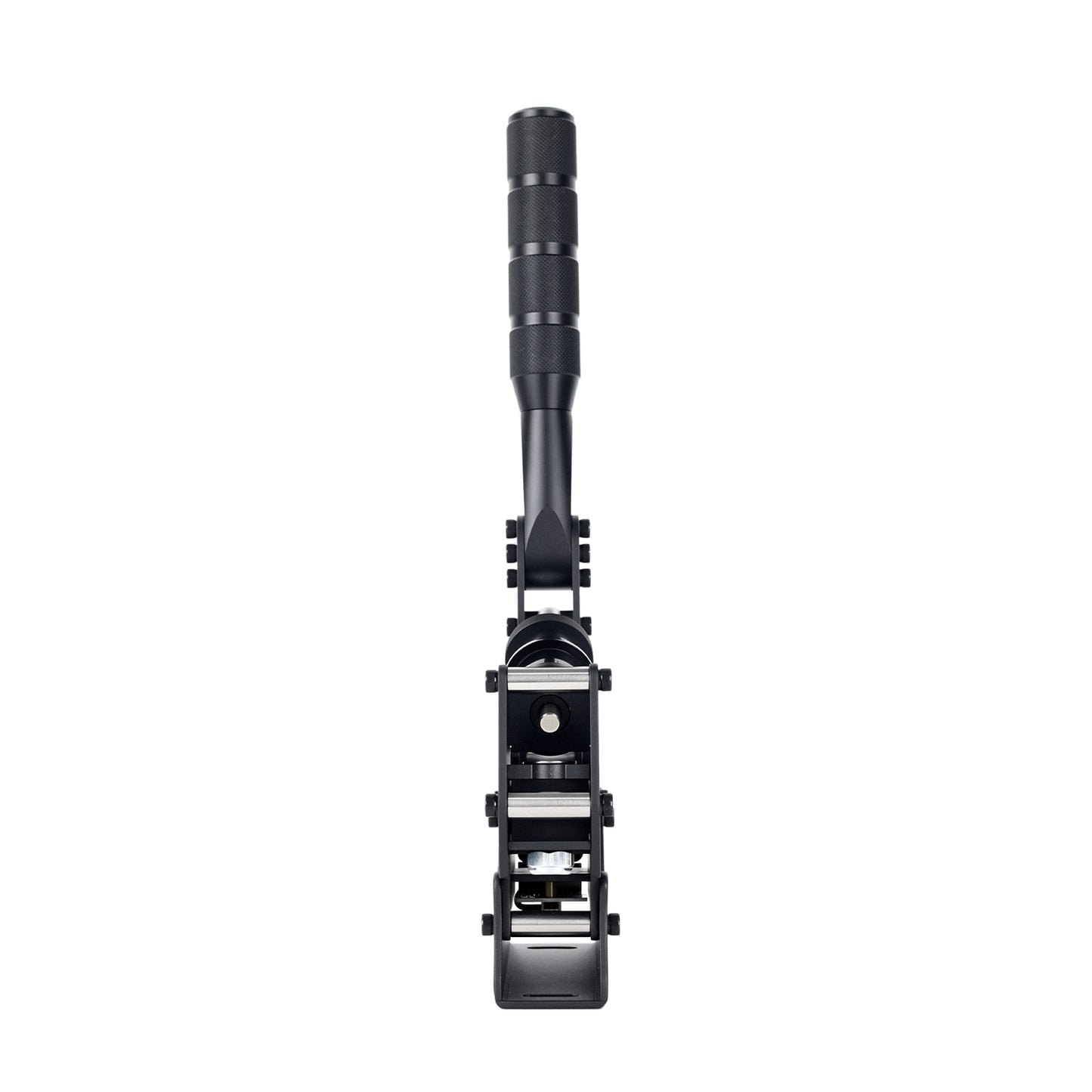 Black metal rod with adjustable components on a white background