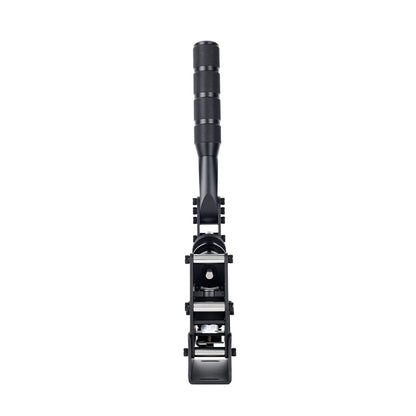 Black metal rod with adjustable components on a white background
