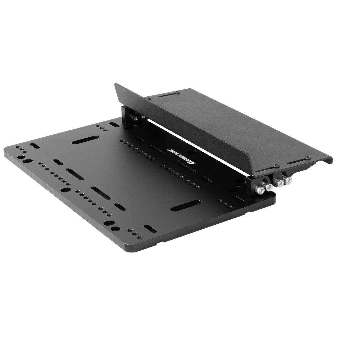 Black adjustable monitor stand on a white background