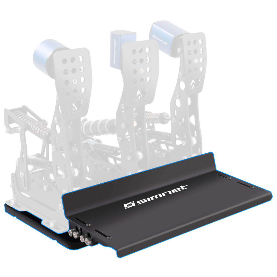 A black pedal baseplate and heel rest designed for SimNet SP PRO LC pedals, featuring adjustability in height and angle.